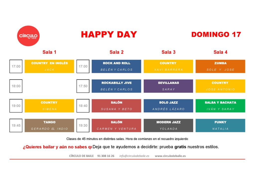 Horario. Happy Day 10 enero 2021. Clases de prueba gratuitas para que conozcas lo que hacemos en la escuela