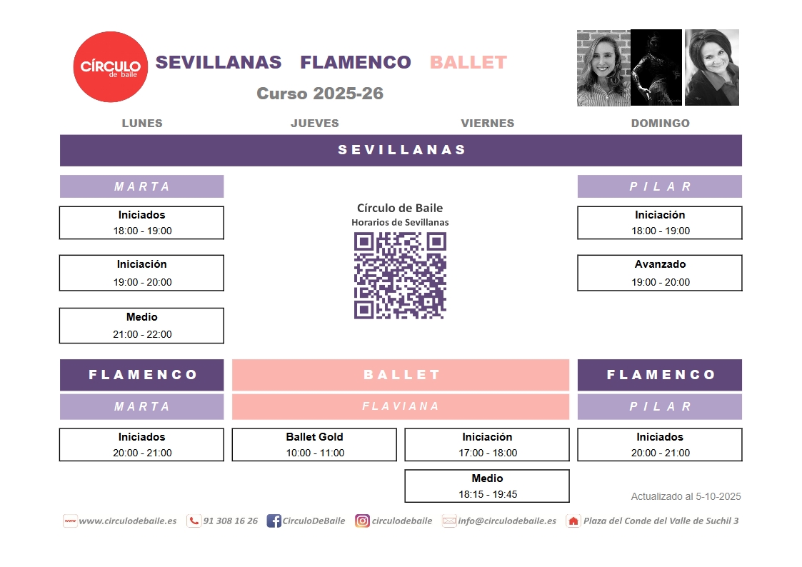 Horarios de Sevillanas, Flamenco y Ballet en Circulo de Baile
