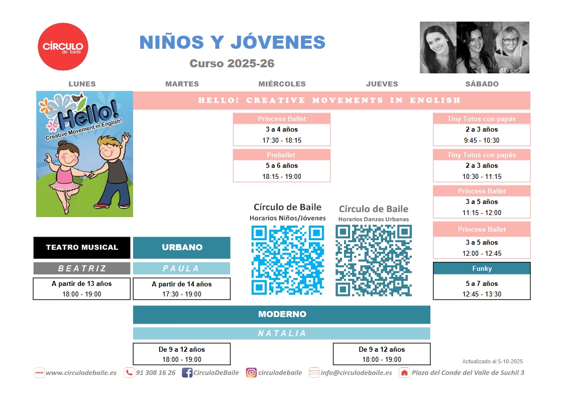 Horarios para niños y jóvenes en Circulo de Baile