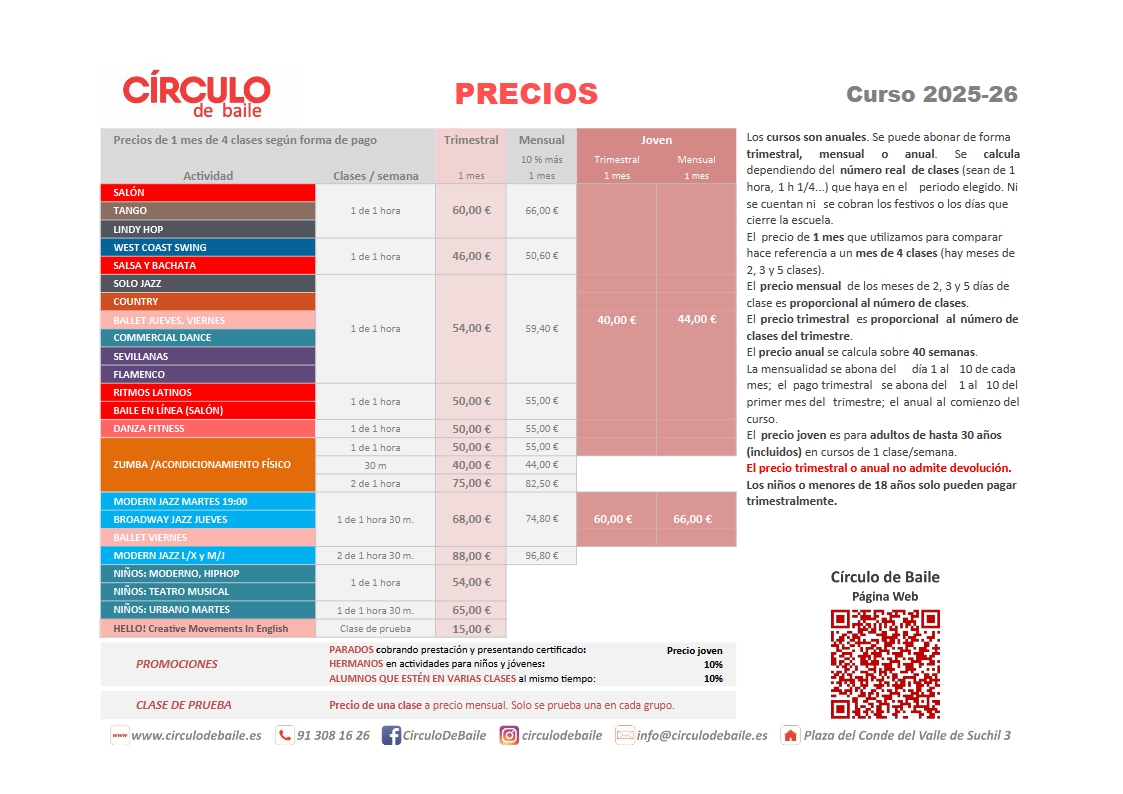 Precios del curso actual en Circulo de Baile